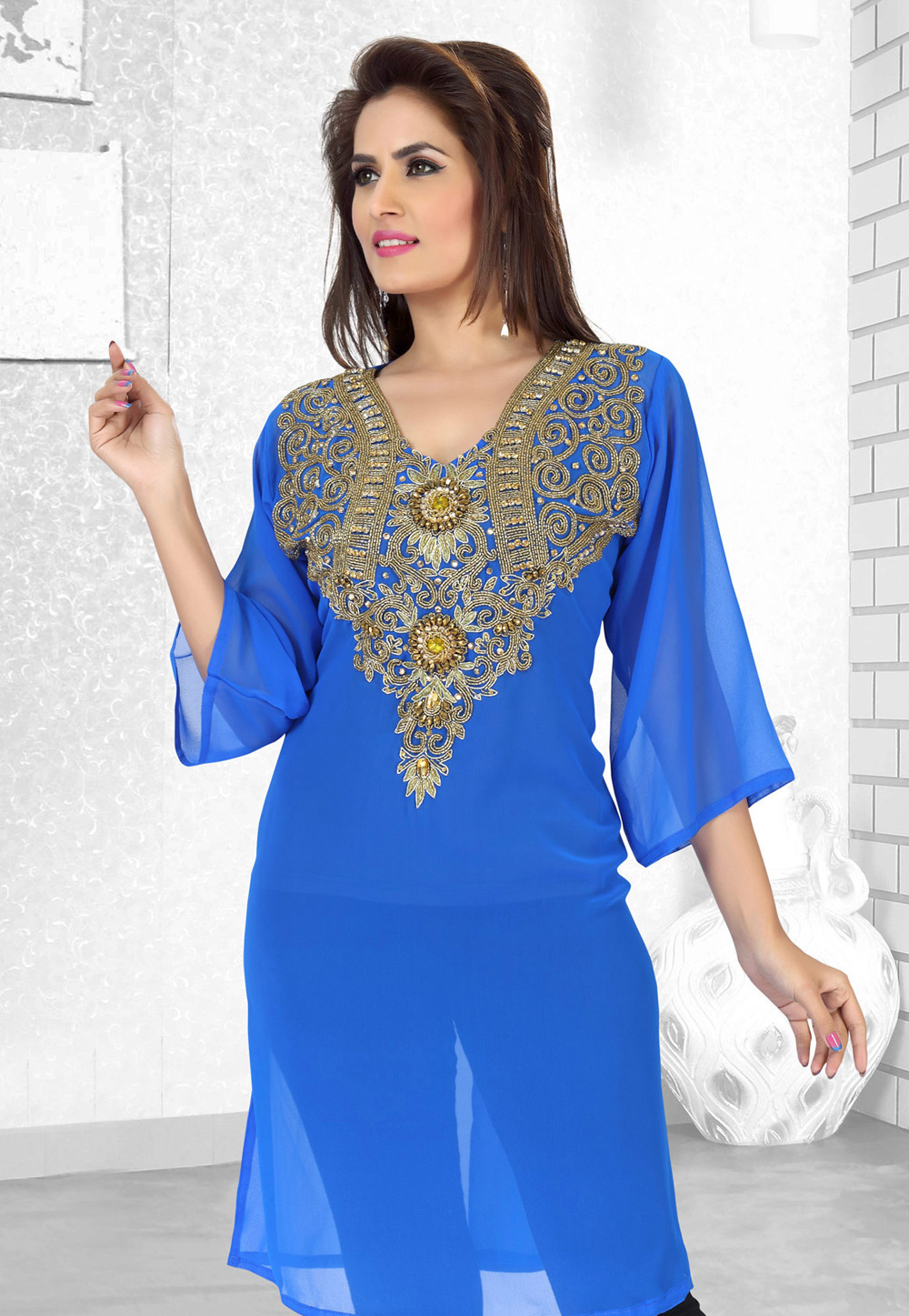 Blue Faux Georgette Embroidered Readymade Islamic Kurti 194527