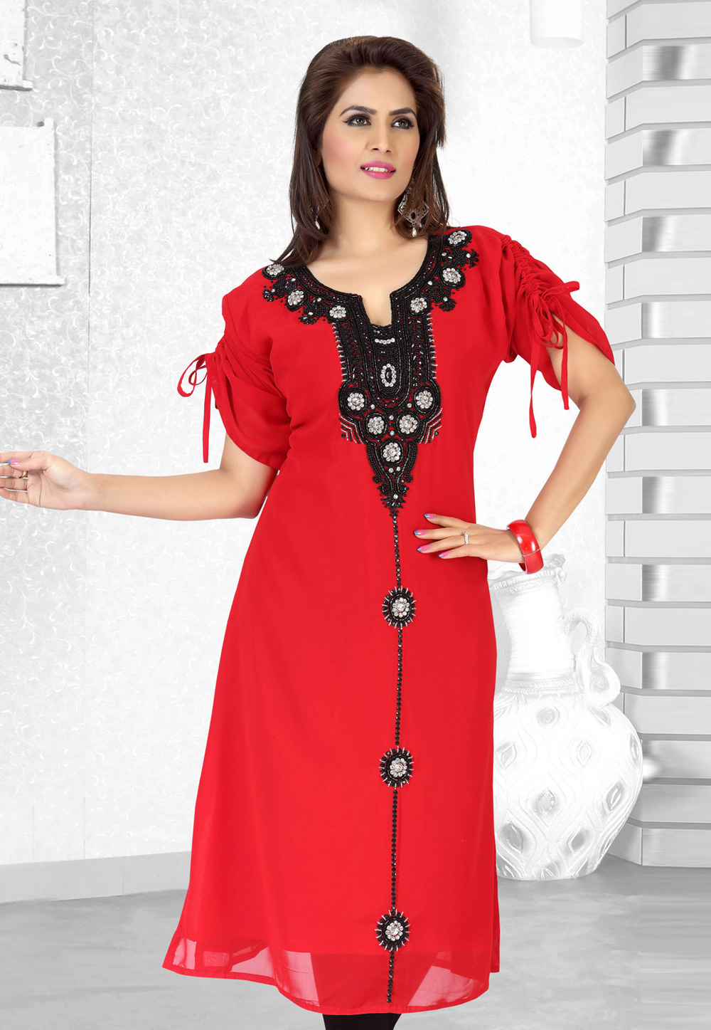 Red Faux Georgette Embroidered Readymade Islamic Kurti 194528