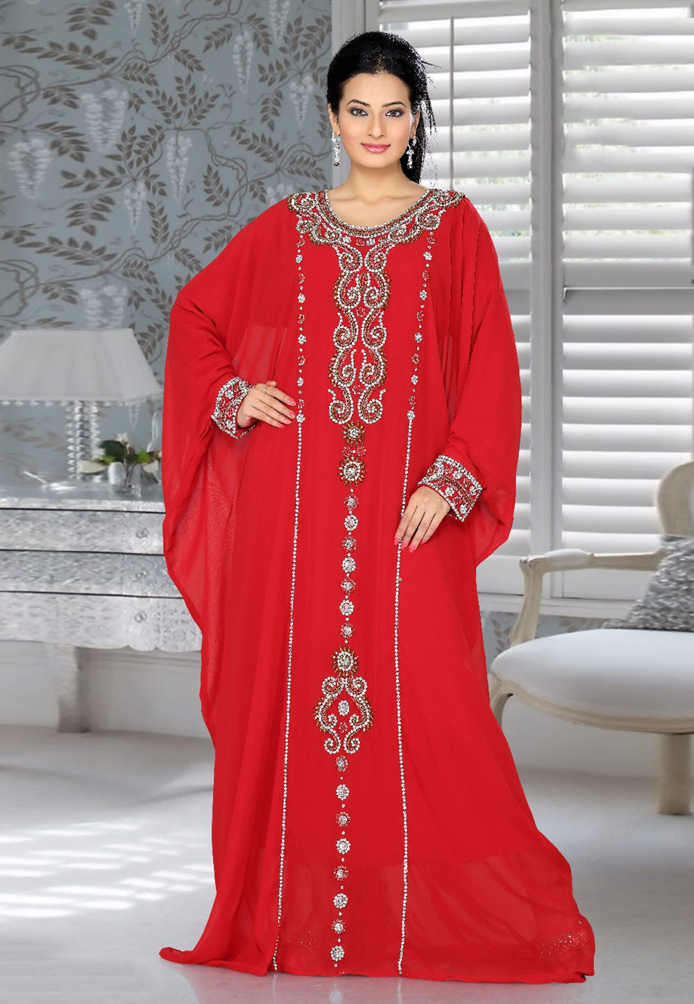 Red Faux Georgette Embroidered Readymade Farasha 194530