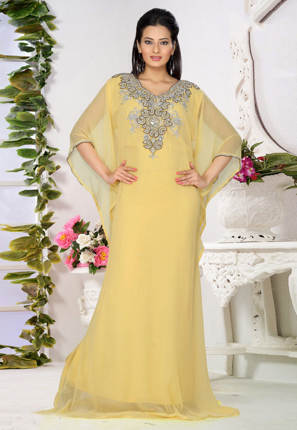 Yellow Faux Georgette Embroidered Readymade Farasha 194537