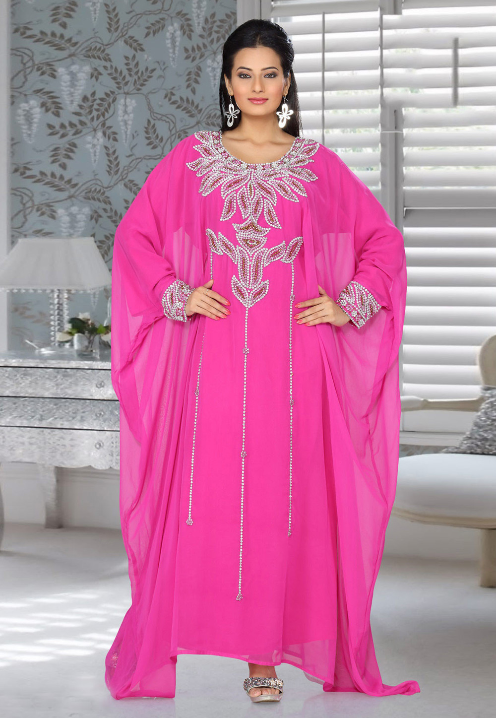 Pink Faux Georgette Embroidered Readymade Farasha 194538