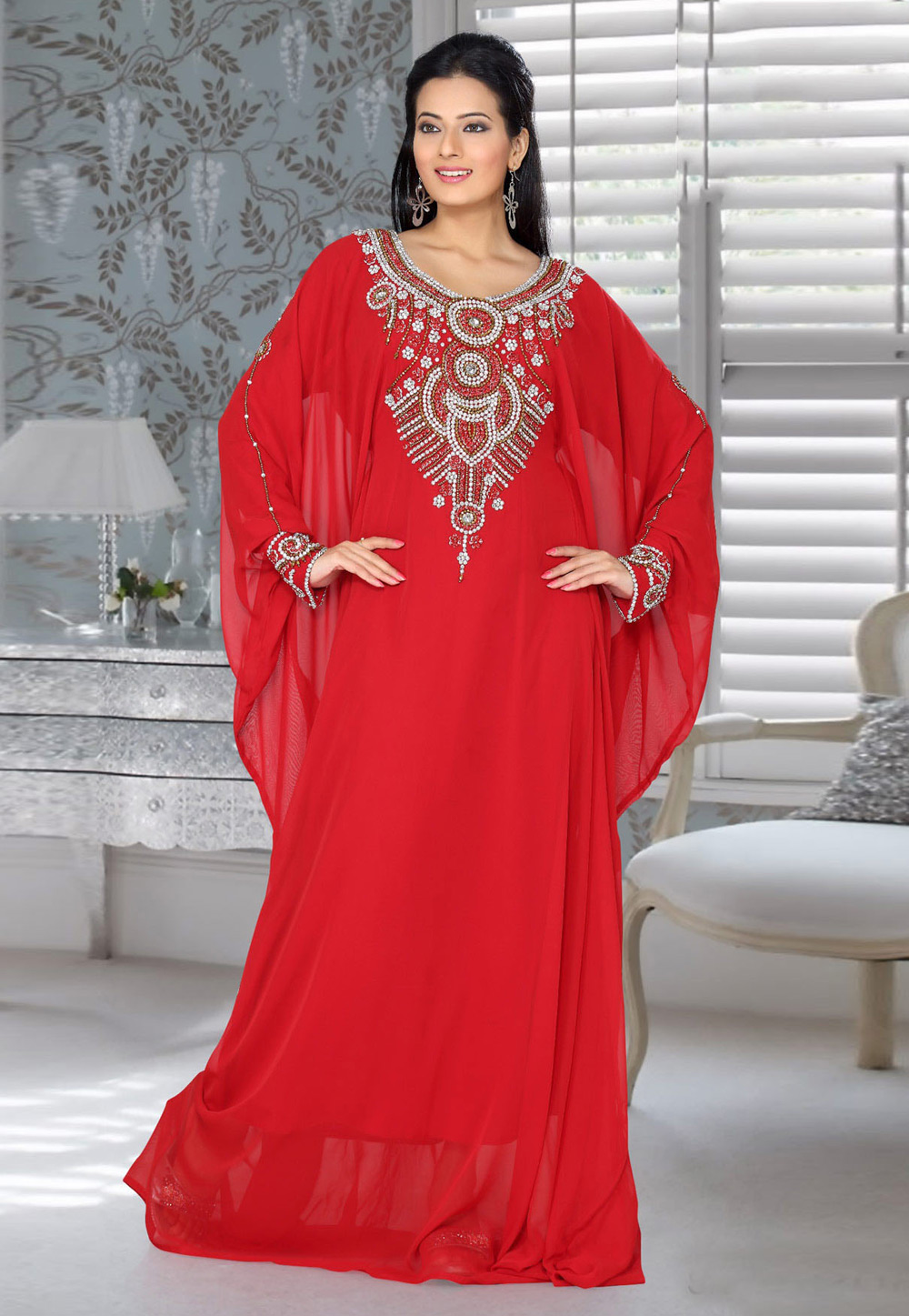 Red Faux Georgette Embroidered Readymade Farasha 194540