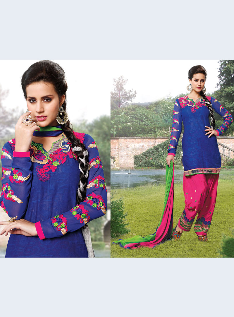 Blue Flower Patch Work Punjabi Suit 40336