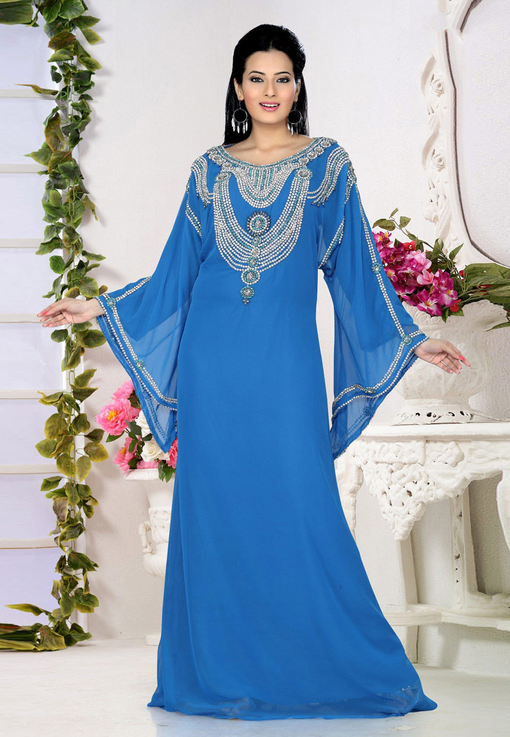 Blue Faux Georgette Embroidered Readymade Kaftan 194549