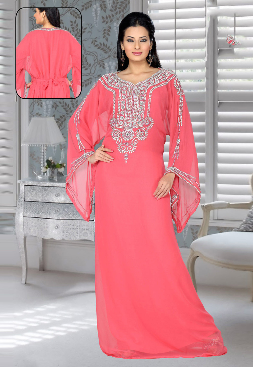 Pink Faux Georgette Embroidered Readymade Kaftan 194551