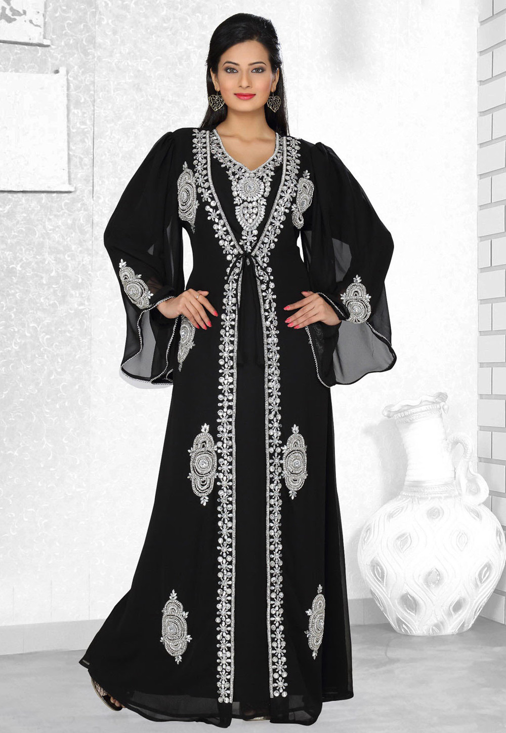 Black Faux Georgette Embroidered Readymade Kaftan 194554
