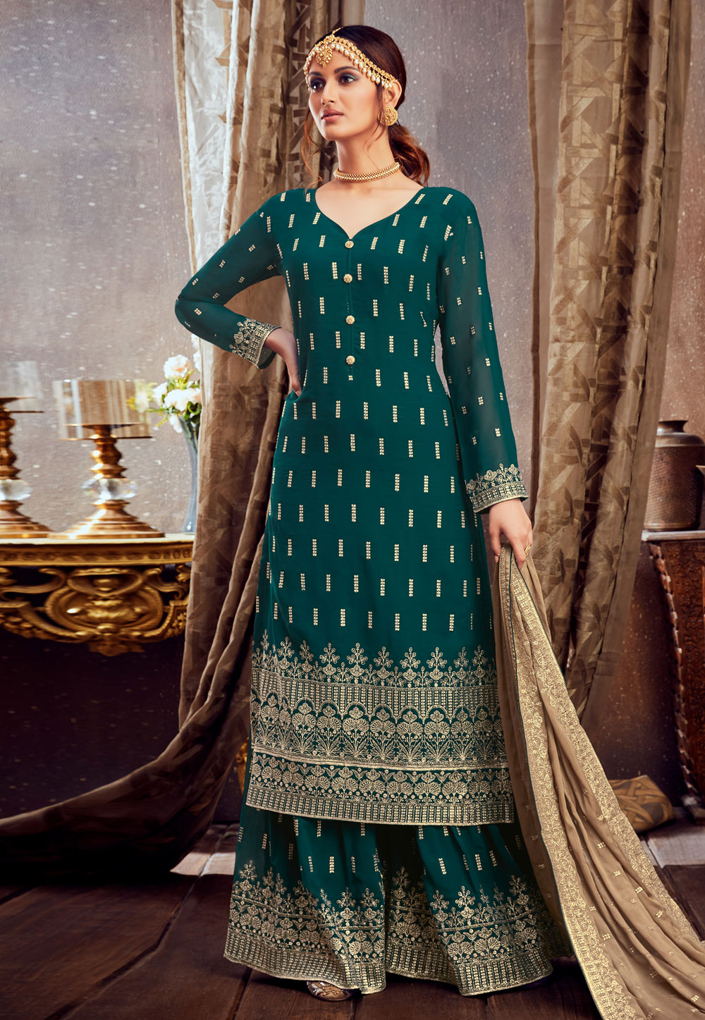 Green Georgette Palazzo Suit 214069