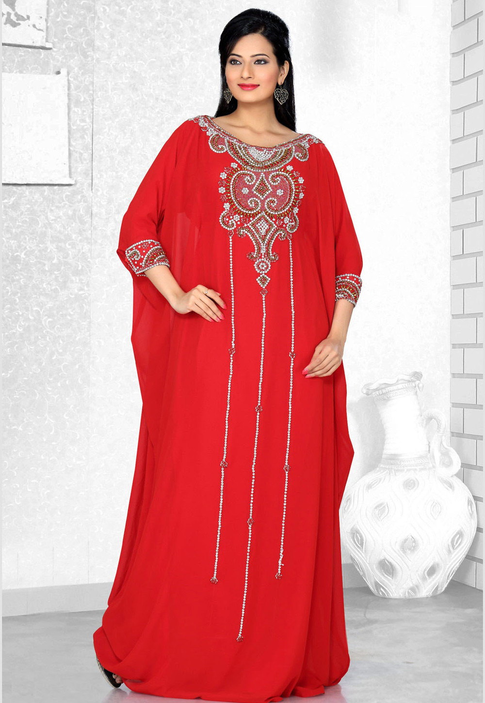 Red Faux Georgette Embroidered Readymade Farasha 194302