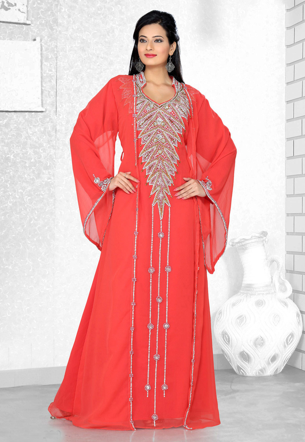 Red Faux Georgette Embroidered Readymade Kaftan 194306