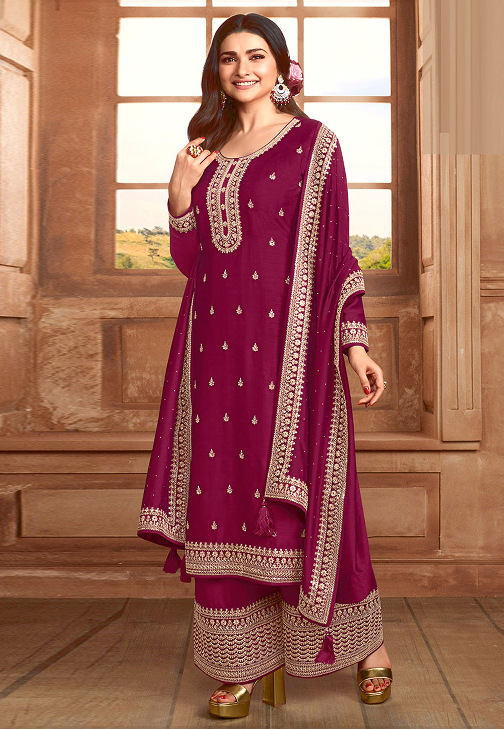 Prachi Desai Magenta Silk Palazzo Suit 266382