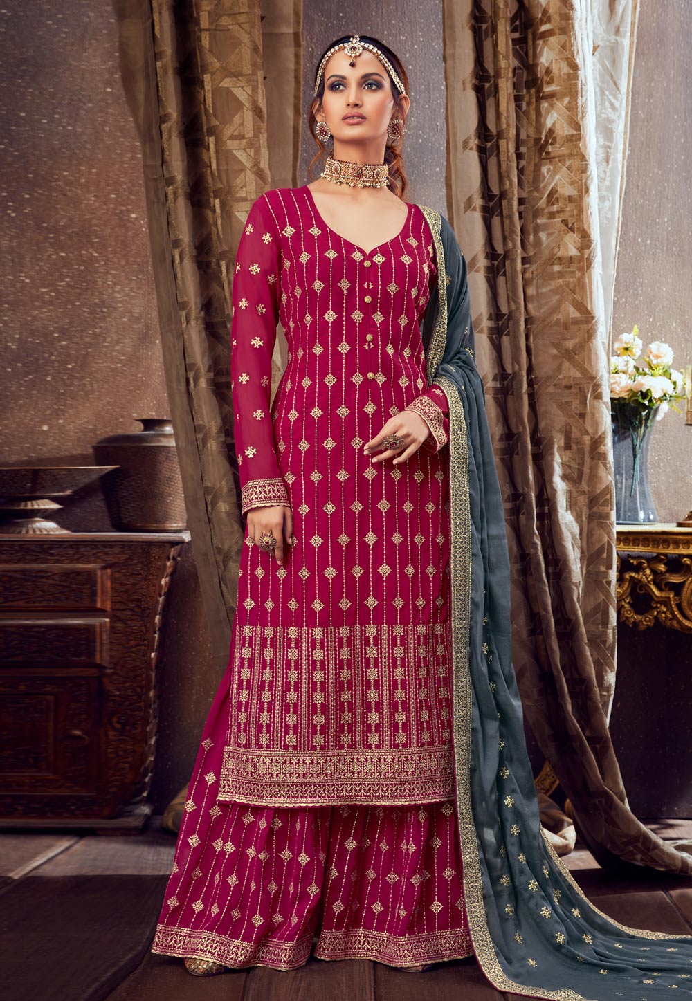 Pink Georgette Kameez With Palazzo 214070