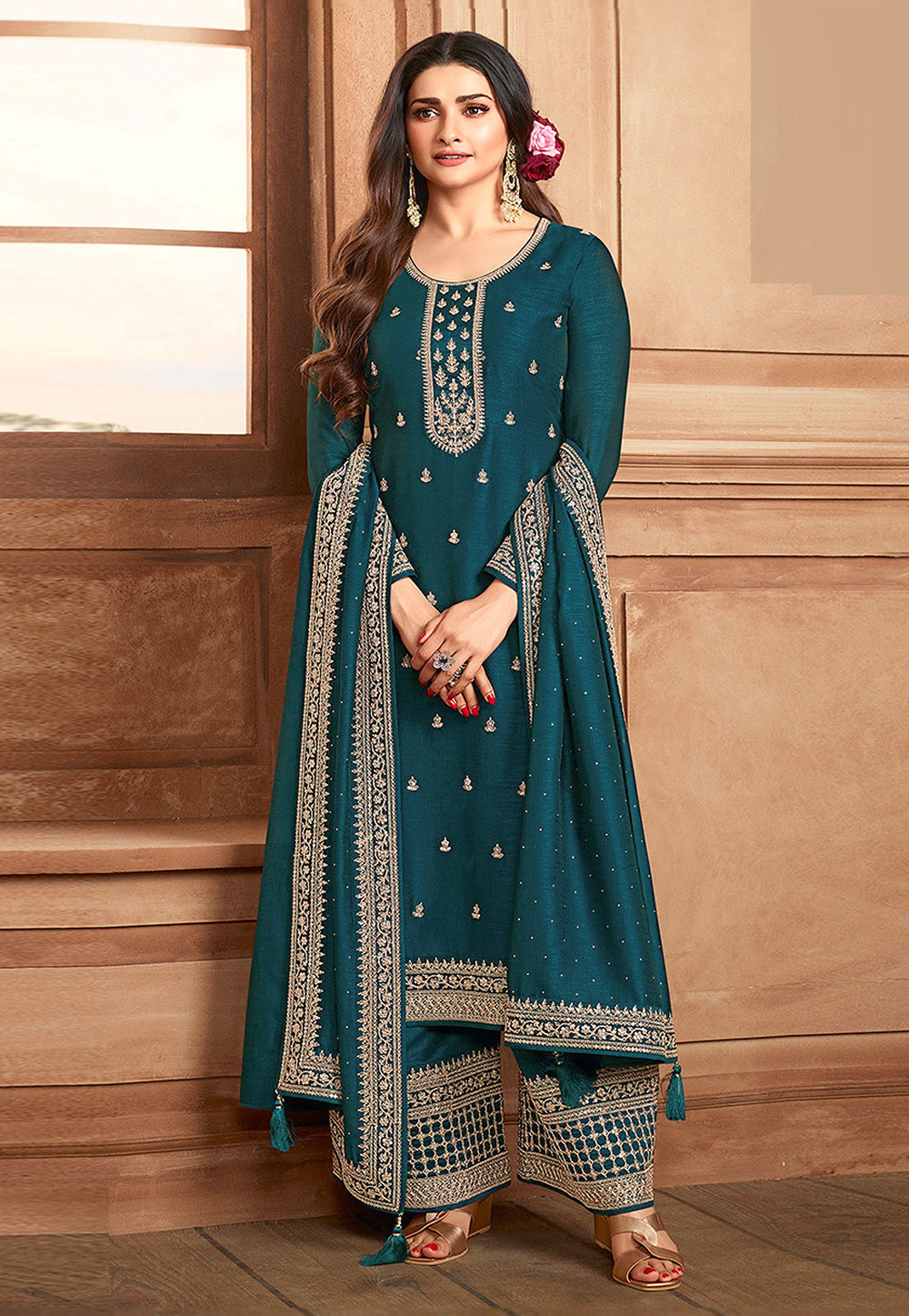 Prachi Desai Teal Silk Pakistani Suit 266383
