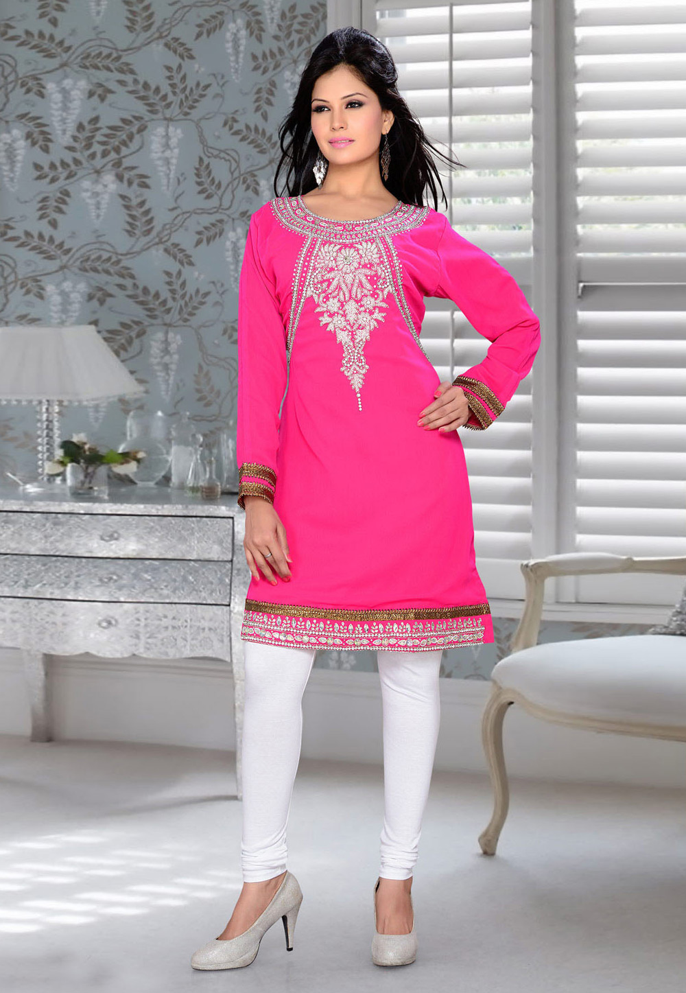 Pink Faux Georgette Embroidered Readymade Islamic Kurti 194310