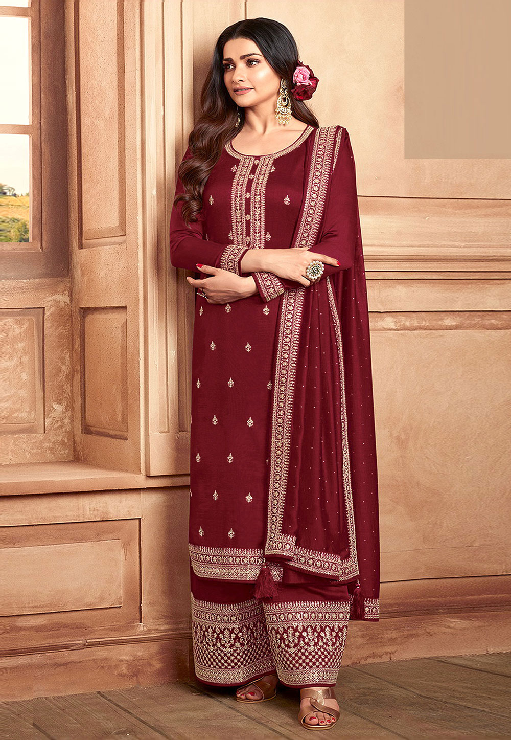 Prachi Desai Maroon Silk Palazzo Suit 266384