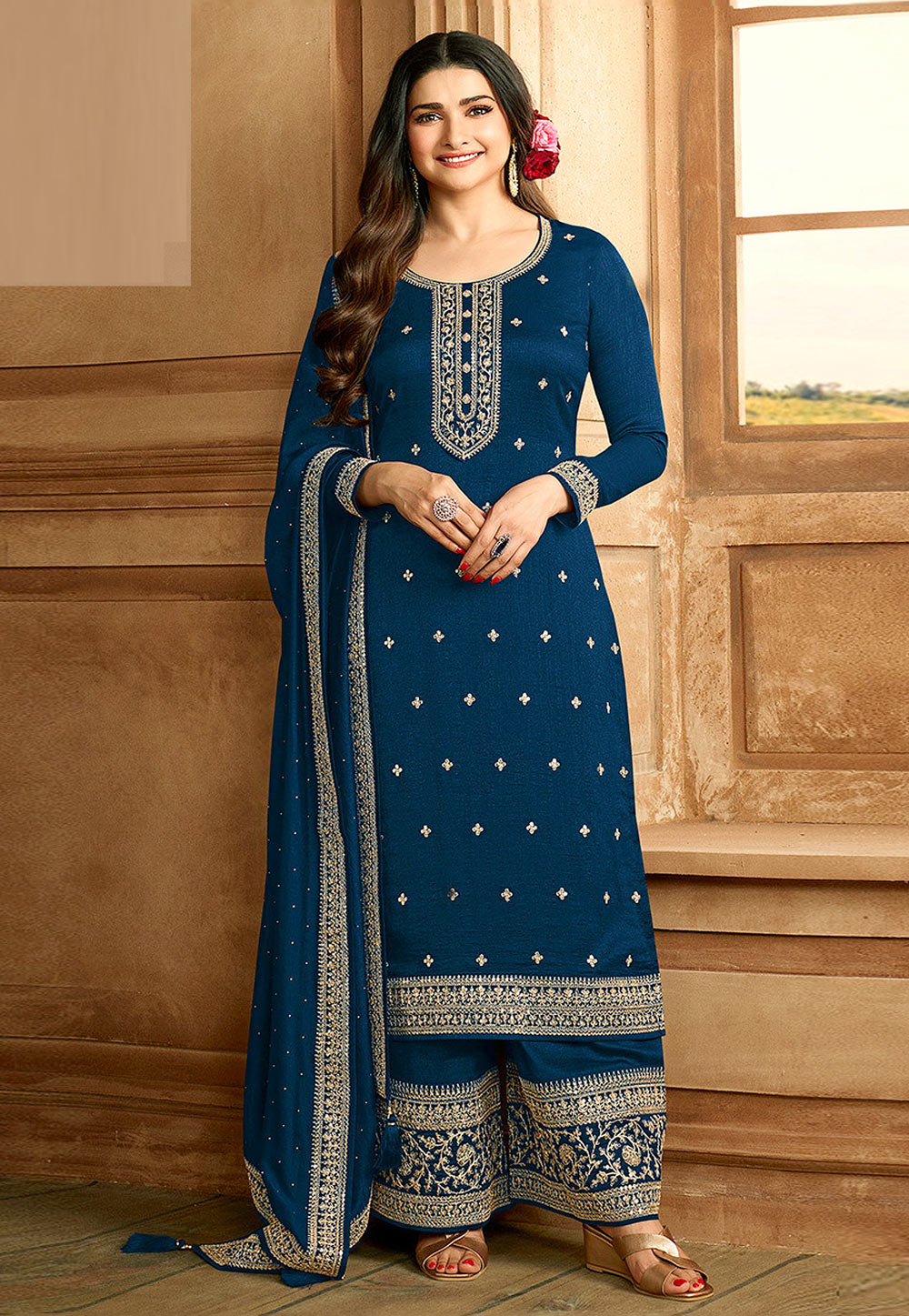 Prachi Desai Navy Blue Silk Pakistani Suit 266385