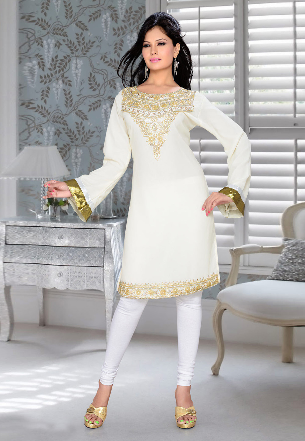 Off White Faux Georgette Embroidered Readymade Islamic Kurti 194312