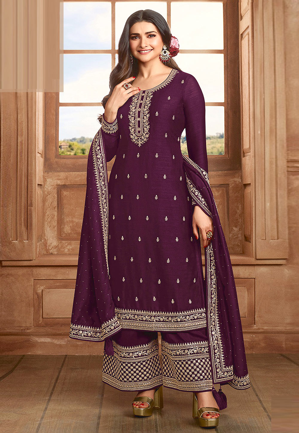 Prachi Desai Purple Silk Palazzo Suit 266386