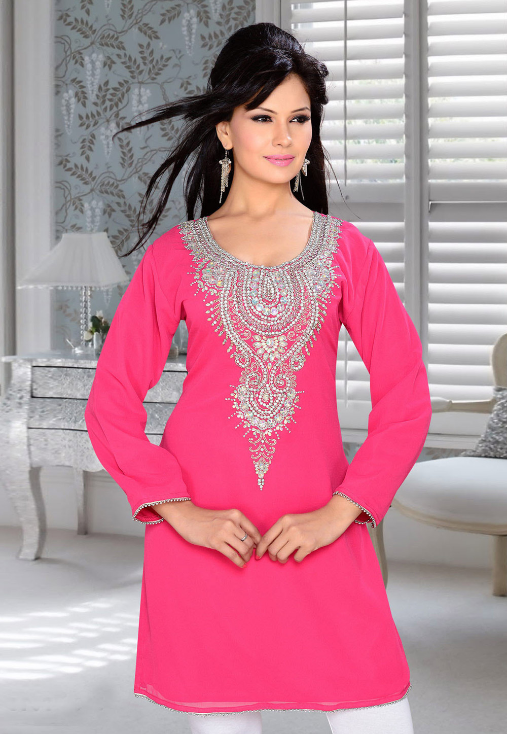 Pink Faux Georgette Embroidered Readymade Islamic Kurti 194316