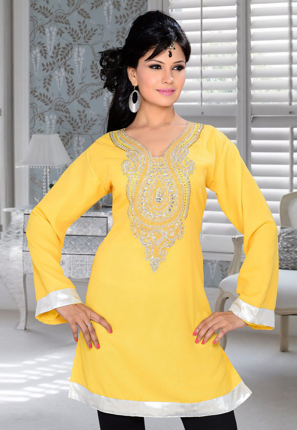 Yellow Faux Georgette Embroidered Readymade Islamic Kurti 194318