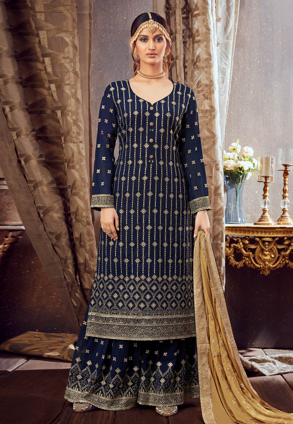 Navy Blue Georgette Palazzo Suit 214071
