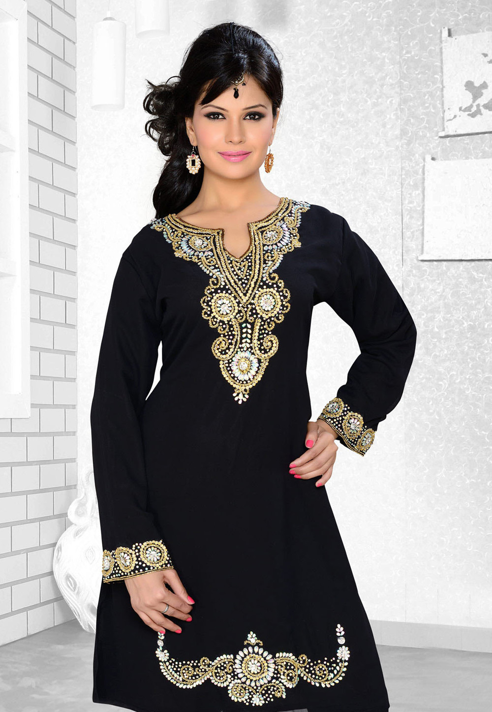 Black Faux Georgette Embroidered Readymade Islamic Kurti 194319
