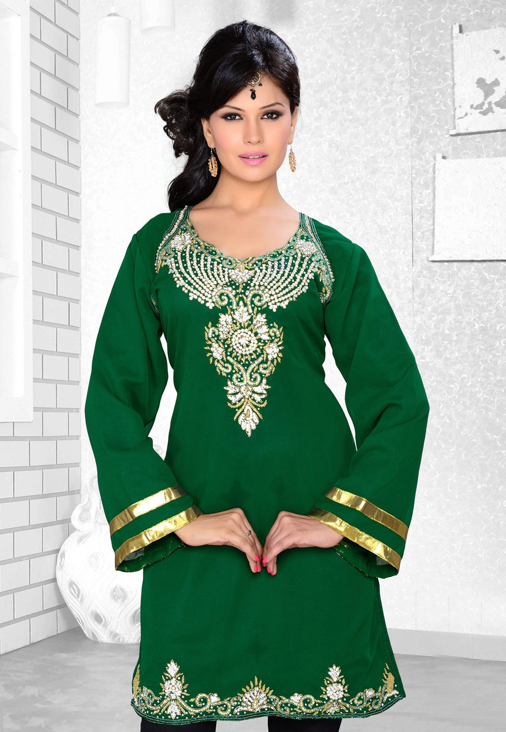 Green Faux Georgette Embroidered Readymade Islamic Kurti 194323
