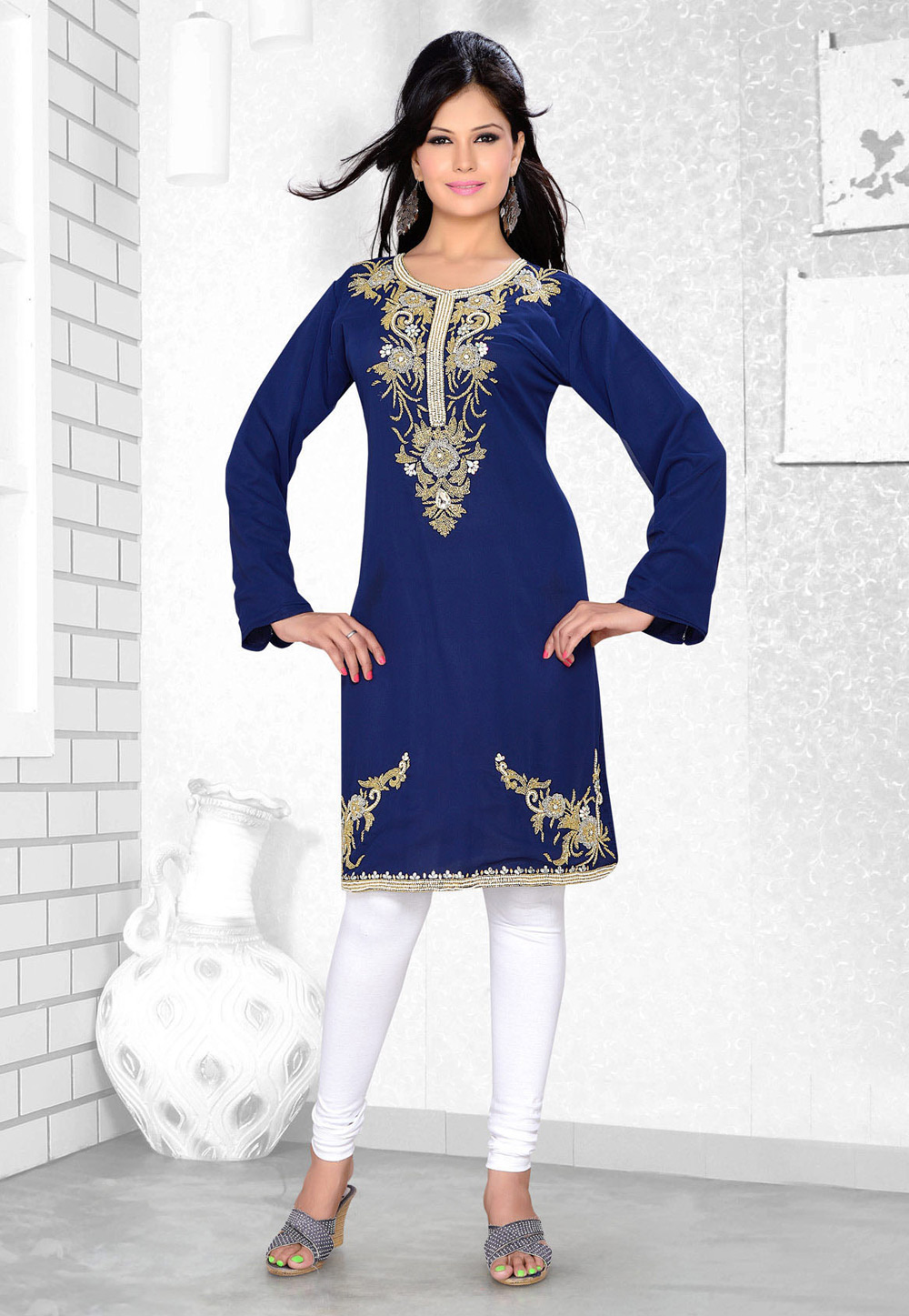 Navy Blue Faux Georgette Embroidered Readymade Islamic Kurti 194324