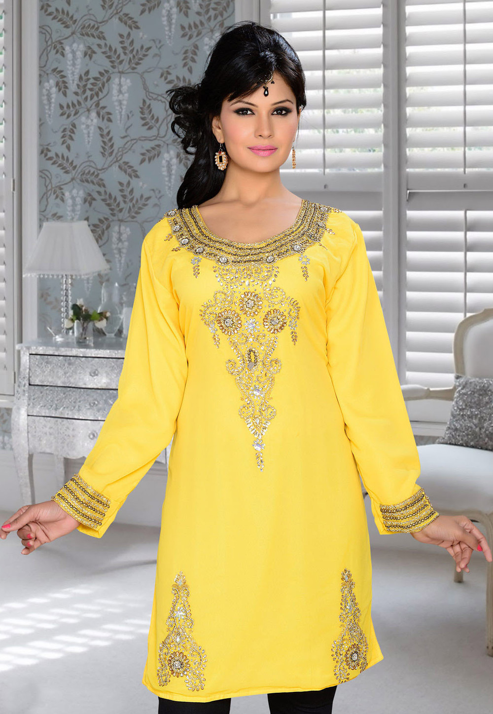 Yellow Faux Georgette Embroidered Readymade Islamic Kurti 194325