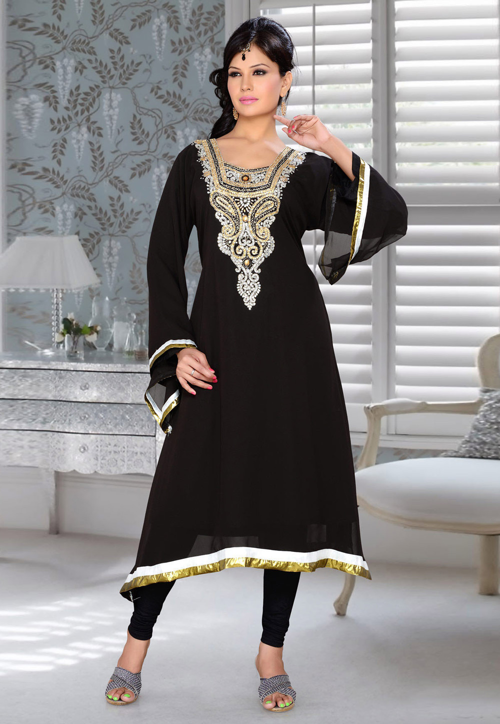 Black Faux Georgette Embroidered Readymade Islamic Kurti 194326
