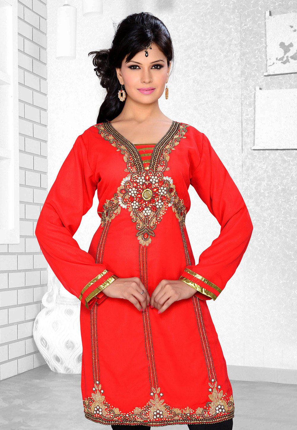 Red Faux Georgette Embroidered Readymade Islamic Kurti 194327
