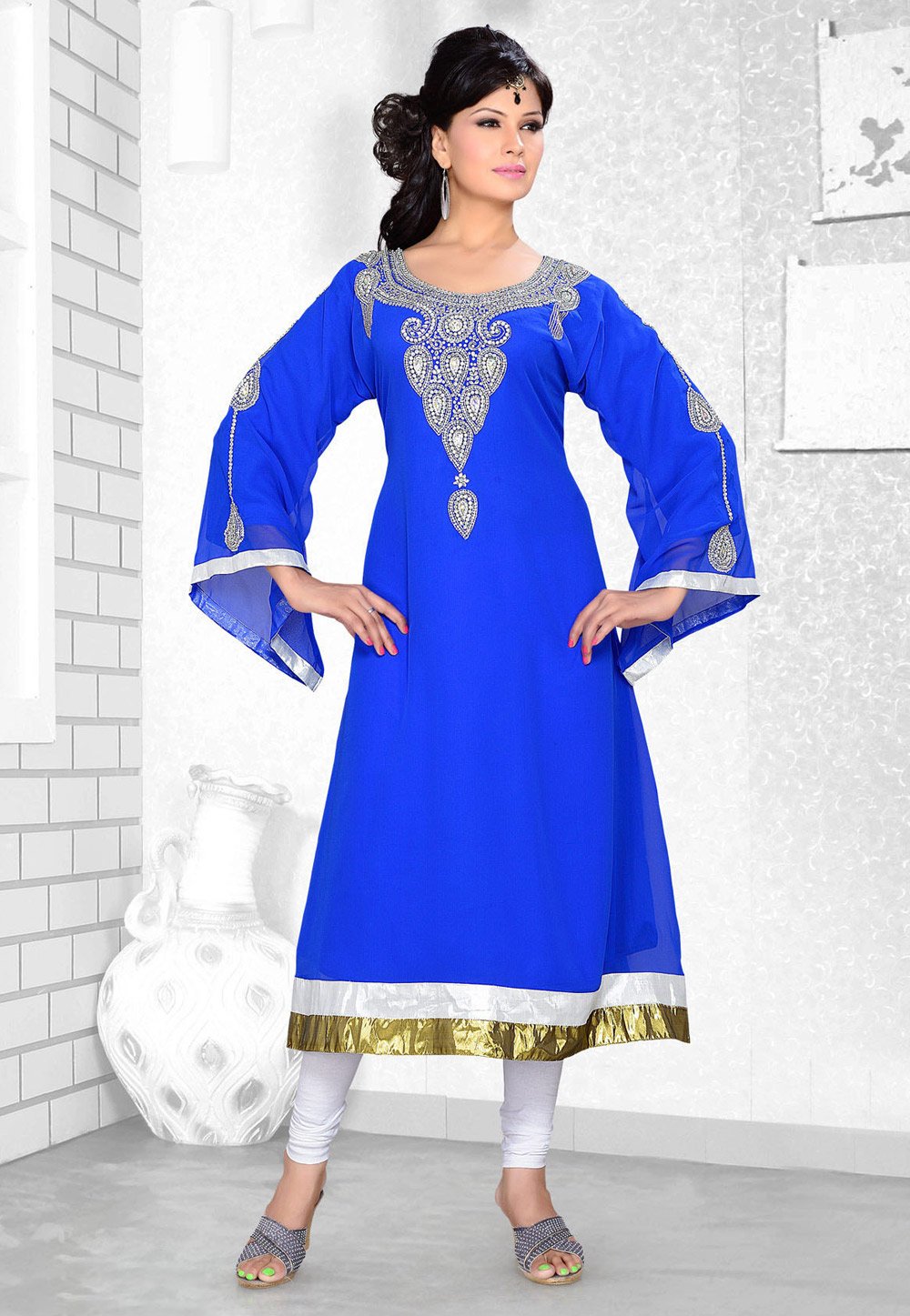 Blue Faux Georgette Embroidered Readymade Islamic Kurti 194328