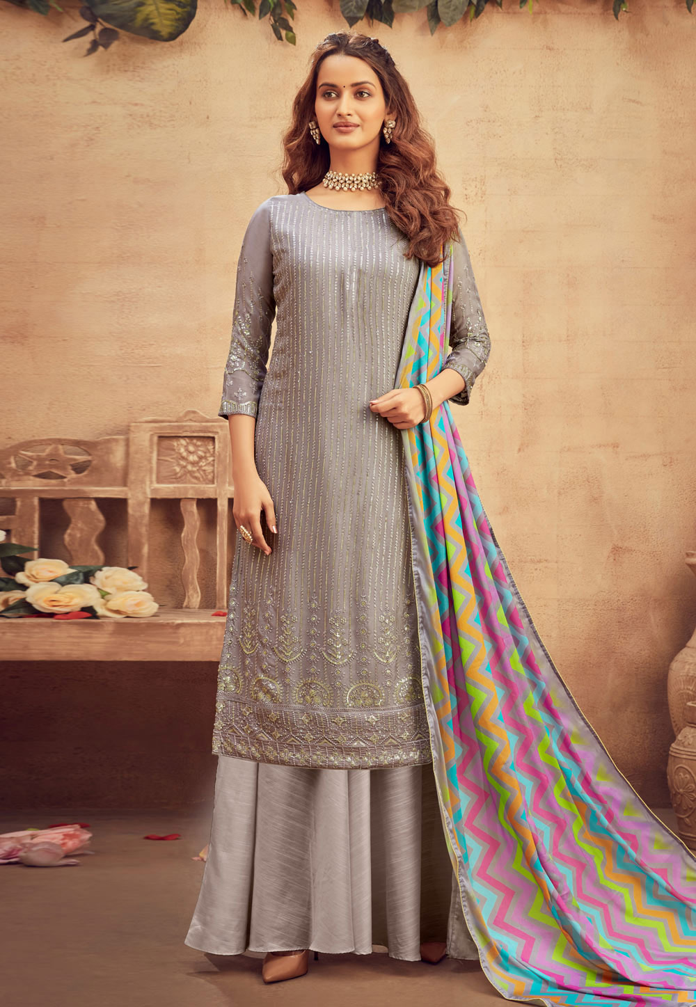 Grey Palazzo Suit with Sequins Work 217504