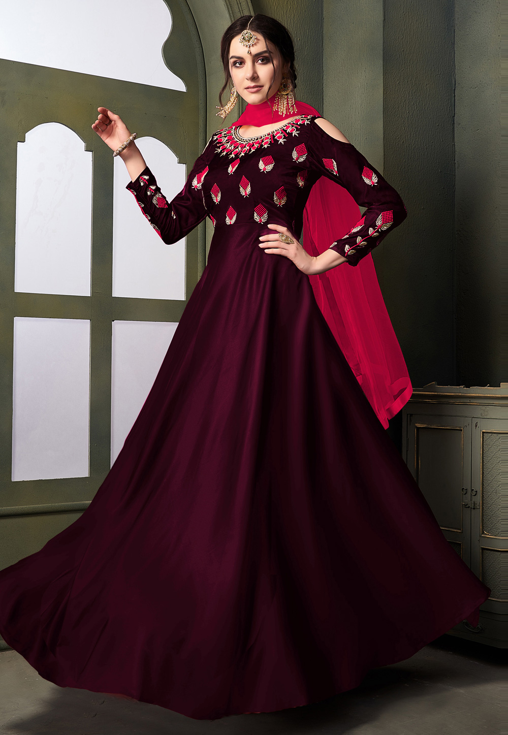 Purple Taffeta Embroidered Long Anarkali Suit 168660