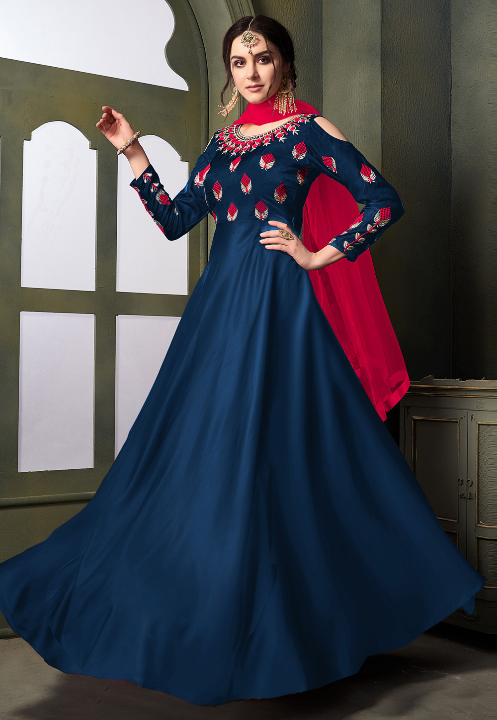 Blue Taffeta Embroidered Flared Long Anarkali Suit 168661