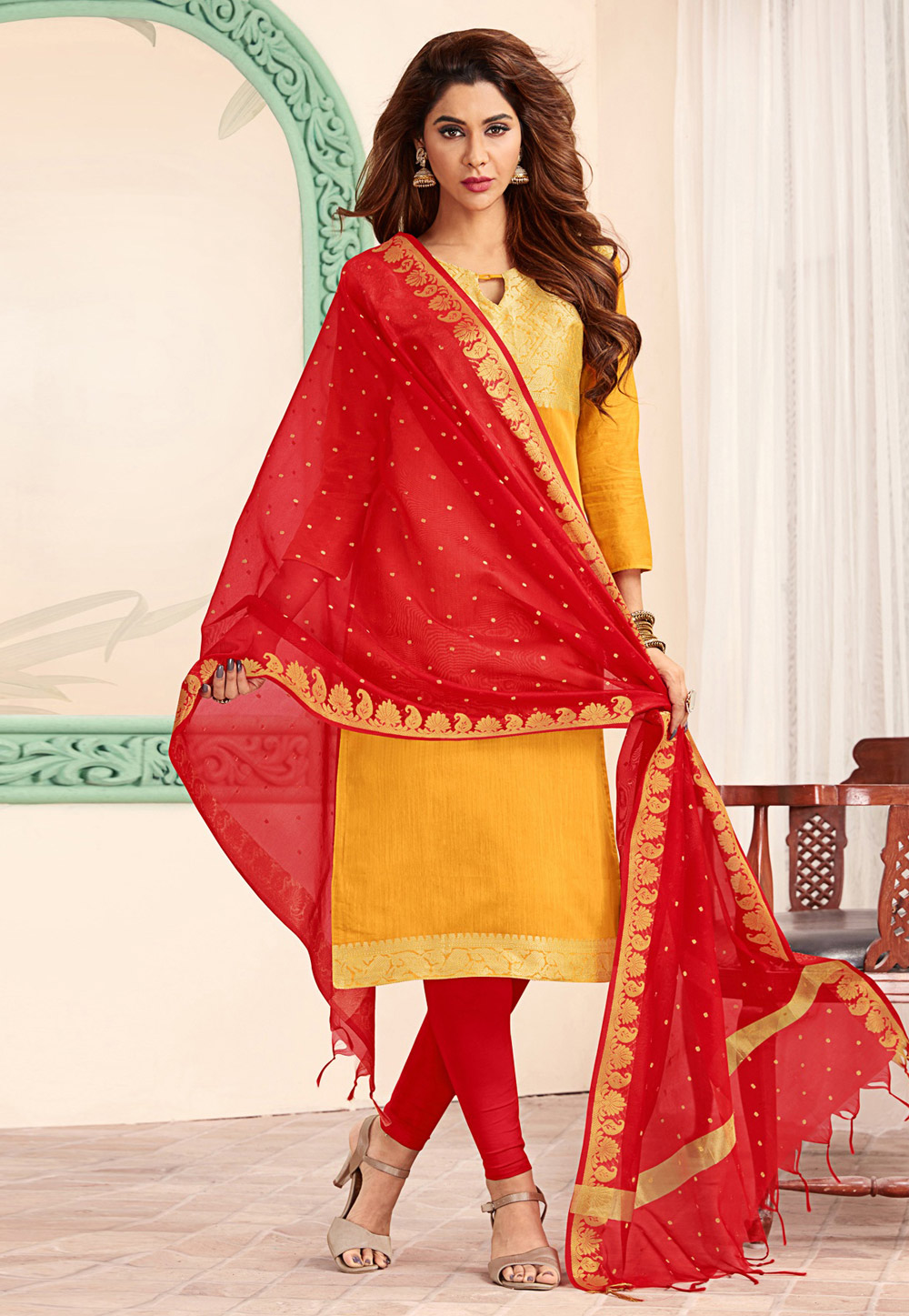 Yellow Banarasi Churidar Suit 182136