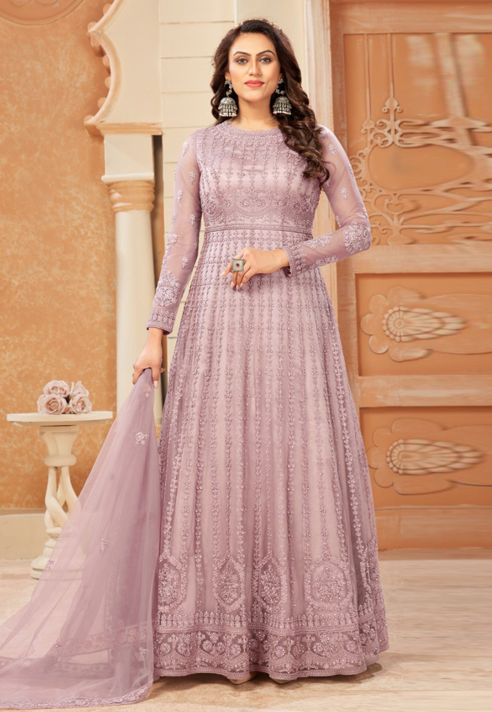 Pink Net Abaya Style Anarkali Suit 261354