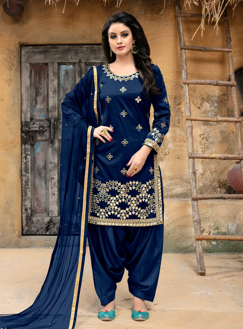 Navy Blue Taffeta Silk Punjabi Suit 142084