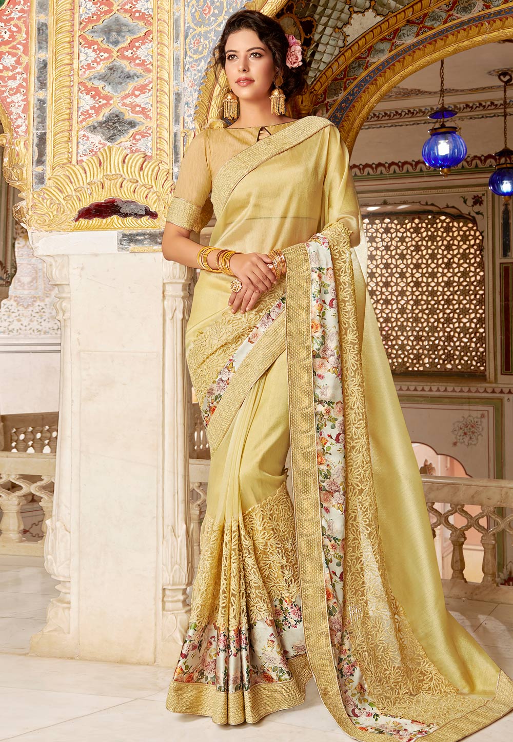 Light Yellow Net Embroidered Festival Wear Saree 169955