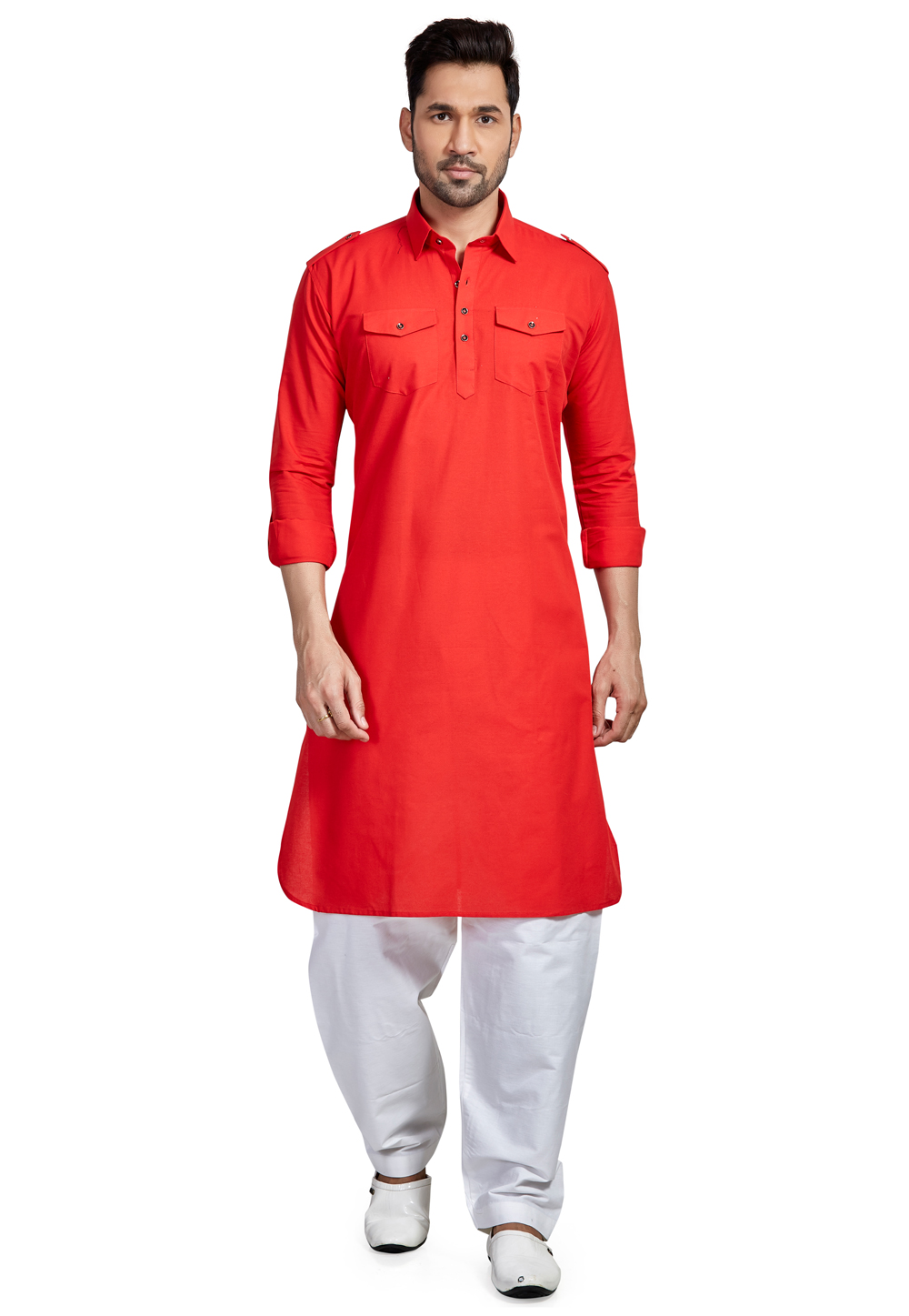 Red Cotton Pathani Suit 245068