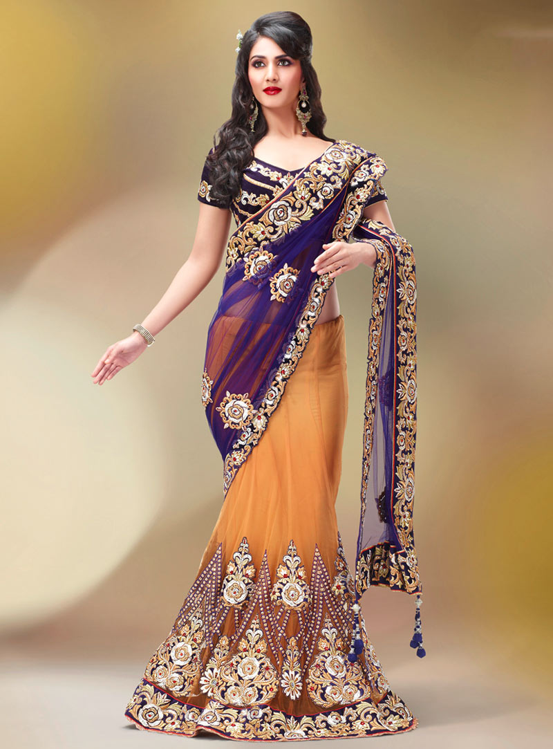 Purple and Peach Designer Wedding Lehenga Saree 31631