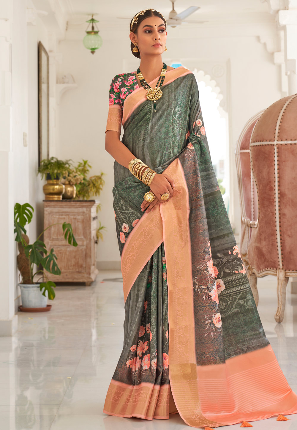 Camo Green Satin Silk Saree With Blouse 270837