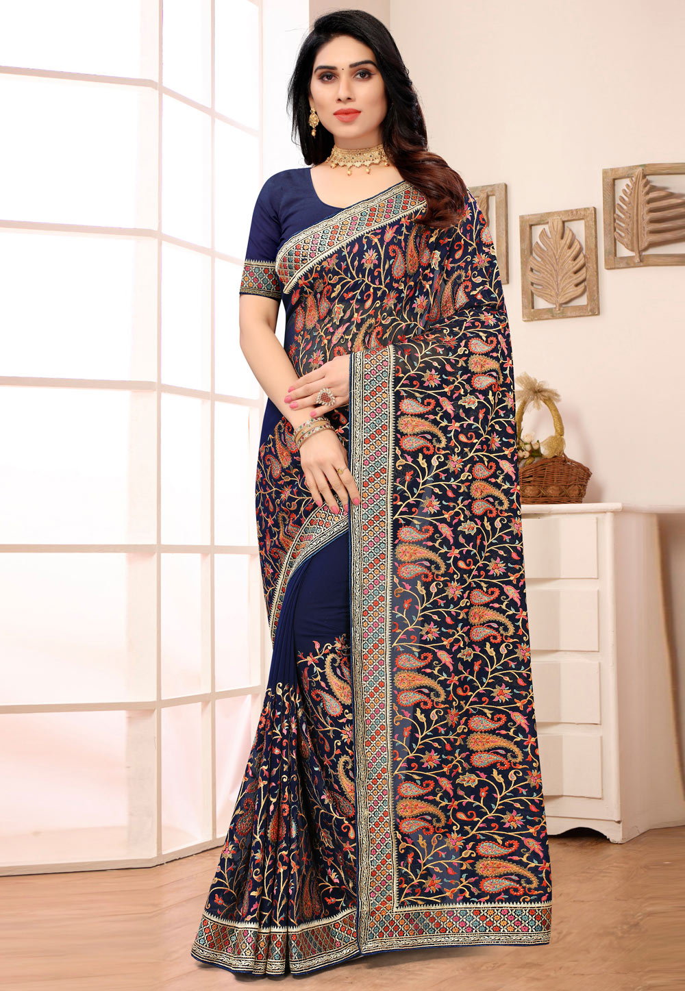 Navy Blue Georgette Saree With Blouse 247030