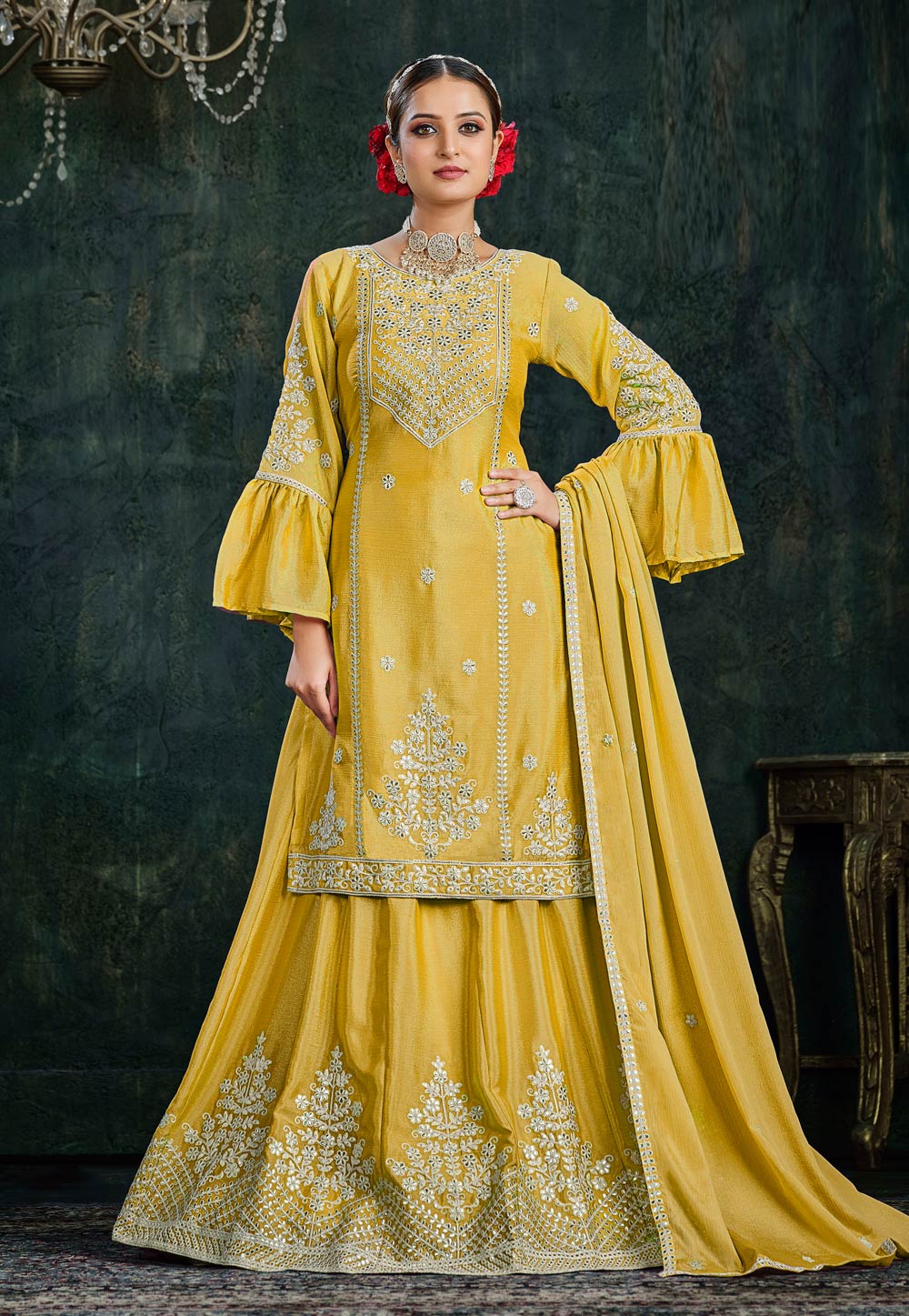 Yellow Chinon Long Choli Lehenga 264805