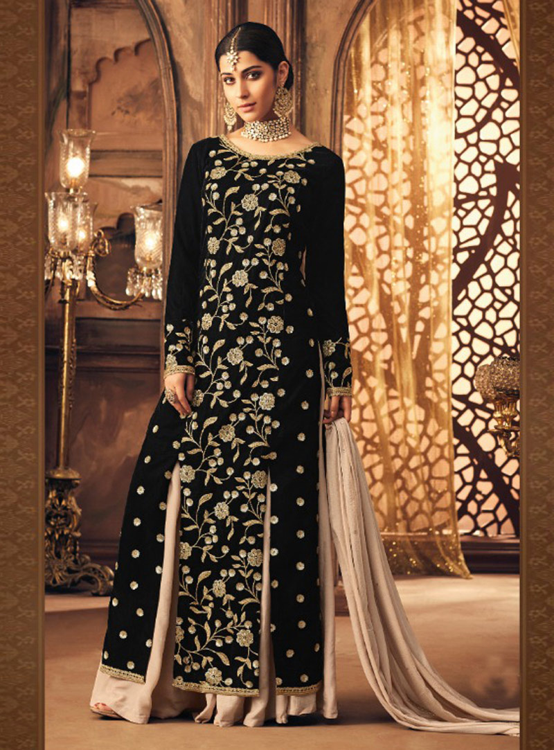 Black Velvet Palazzo Style Suit 146543