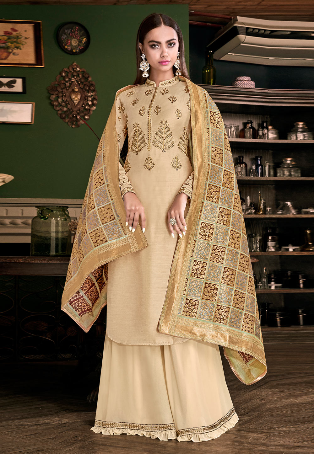 Beige Tussar Embroidered Kameez With Palazzo 186830