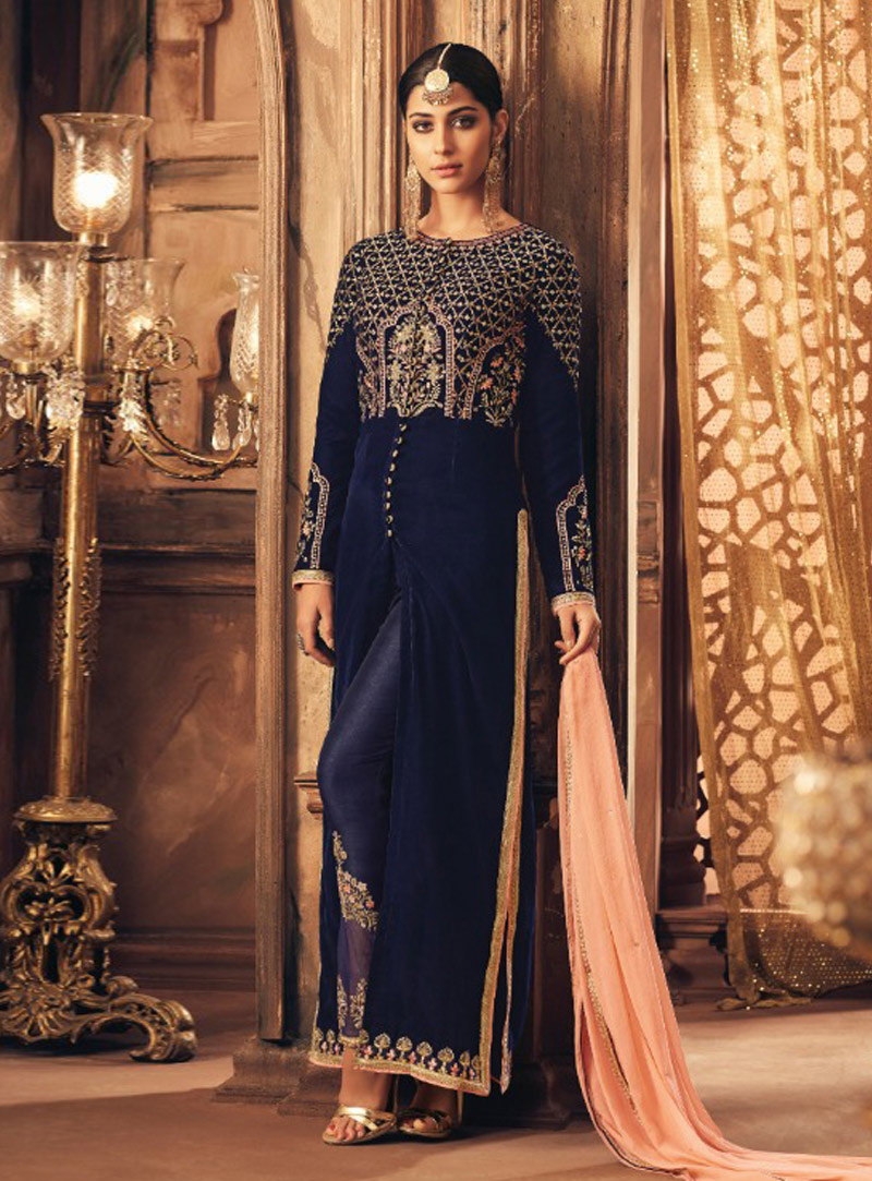 Navy Blue Velvet Pant Style Suit 146544