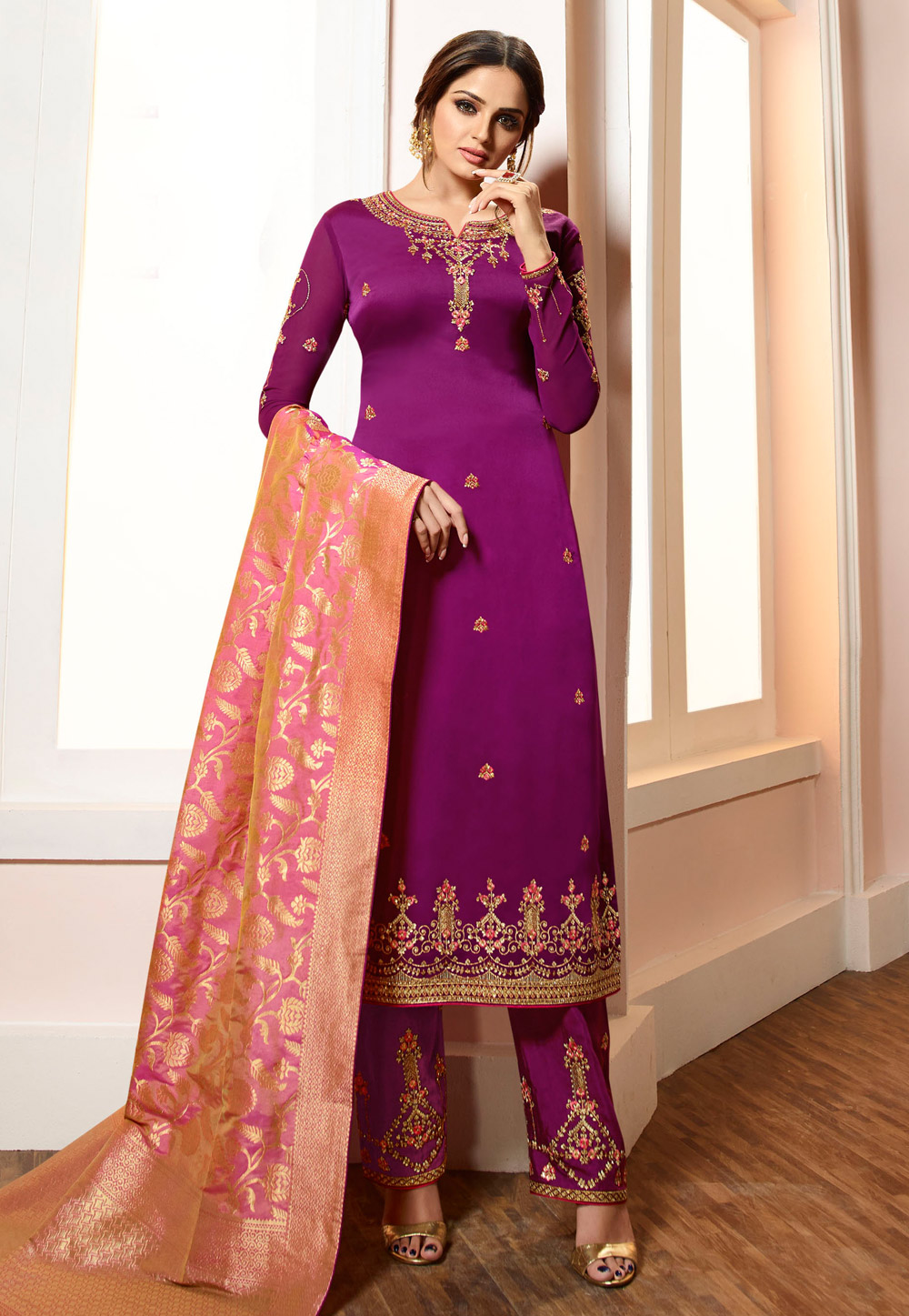 Purple Viscose Embroidered Pant Style Suit 169549