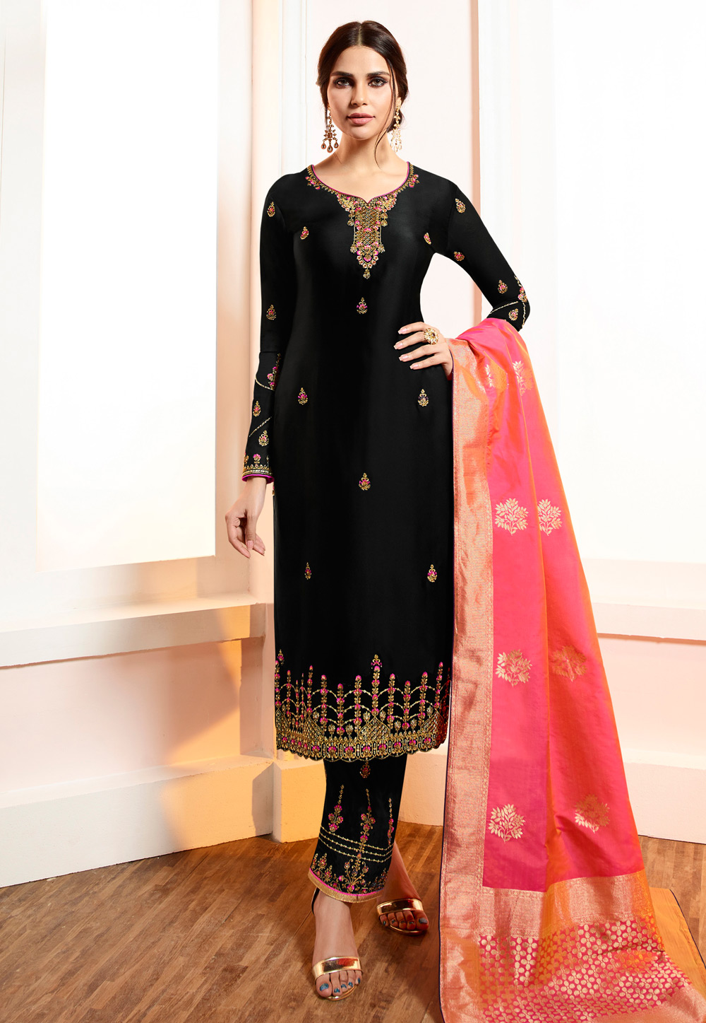 Black Viscose Embroidered Pant Style Suit 169553