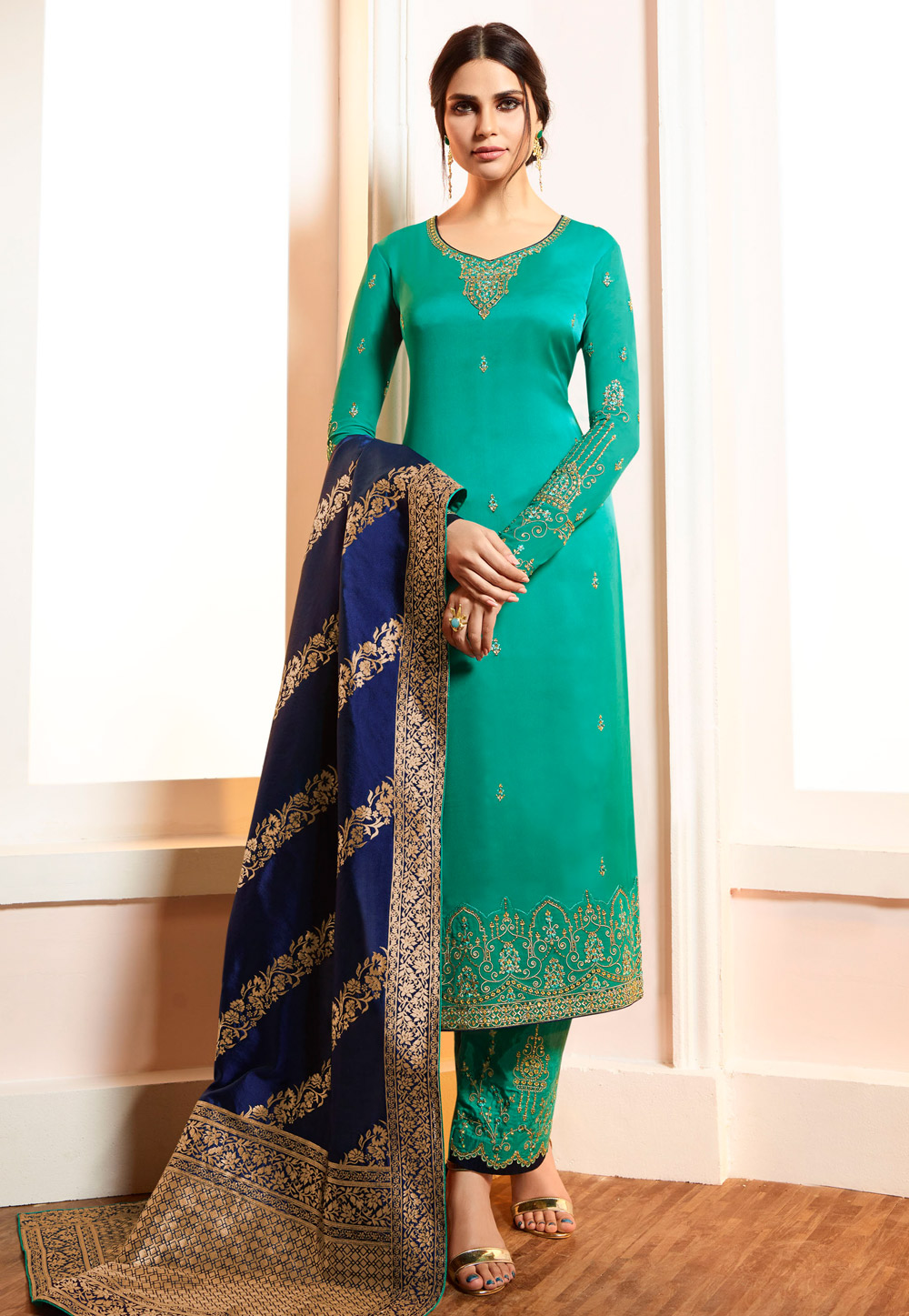Sea Green Viscose Embroidered Kameez With Pant 169554