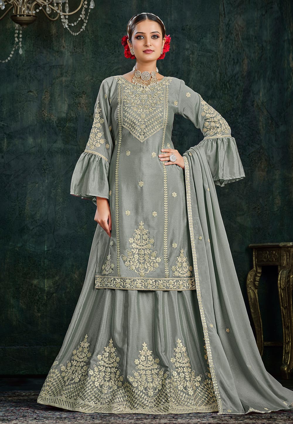 Grey Chinon Long Choli Lehenga 264807